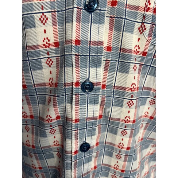 Adrian Delafield Blouse M Button Up short sleeve pocket plaid red whit blue - Picture 8 of 11